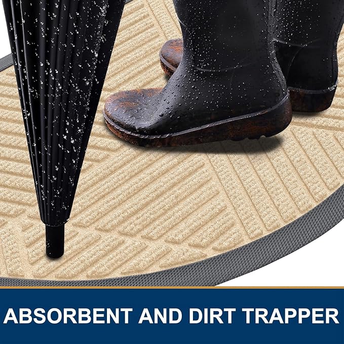 Smiry Half Circle Front Door Mat Outside Entrance, Heavy Duty Sturdy Natural Rubber Doormat, Trap Dirt and Moisture, Low Profile Mats for Indoor Outdoor Entry, Irregular Triangle (29.5x17, Beige) - Bloomnest