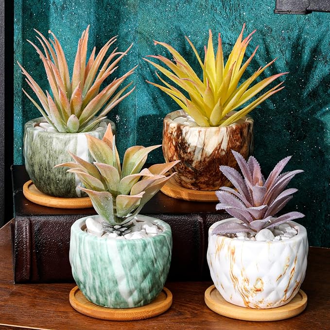 24 Pcs Marbling Ceramic Flower Pot 3.35 Inch Succulent Small Plant Cactus Herbs Planter Ceramic Pot with Drainage Hole Matte Round Container (Simple Style) - Bloomnest