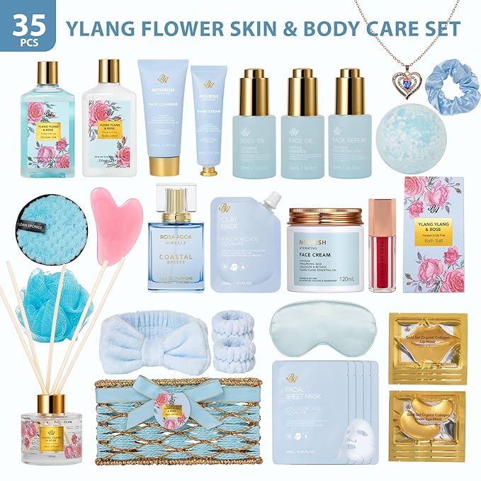 Valentines Day Gifts for Women, 35 Pcs Bath & Body Gift Basket, Face Skin Care Kit, Spa Gift Set, Self-Care Relaxation Gift, Home Spa, Necklace, Birthday, Christmas, Mother Day, Anniversary