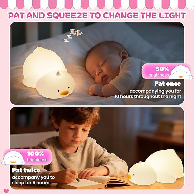 Night Light for Kids, Rechargeable Dimmable Silicone LED Nightlight with 7 Colors, Baby Nursery Night Lamp, Touch Squishy Lamp, Cute Gifts for Girls, Boys, Toddler Room Decor, Lying Duck - Bloomnest