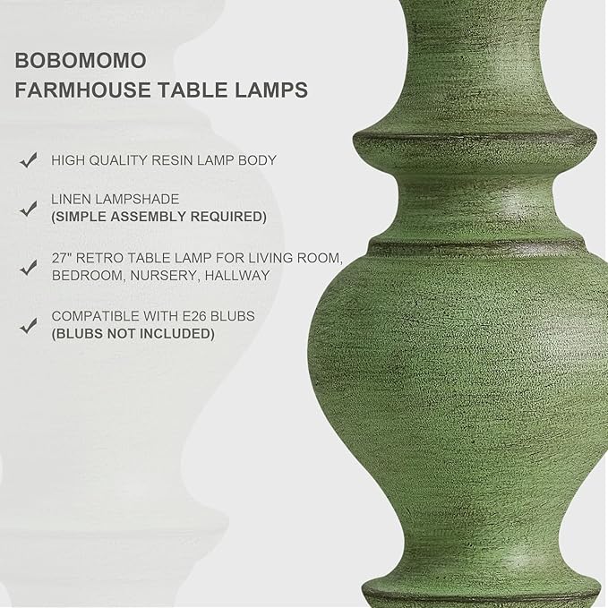 BOBOMOMO 27" Sage Green Table Lamps Set of 2, Large Farmhouse Resin Lamps with Linen Shades, Green Vintage Lamps for Living Room, Bedroom, or Entryway, Rustic Elegant Home Décor - Bloomnest