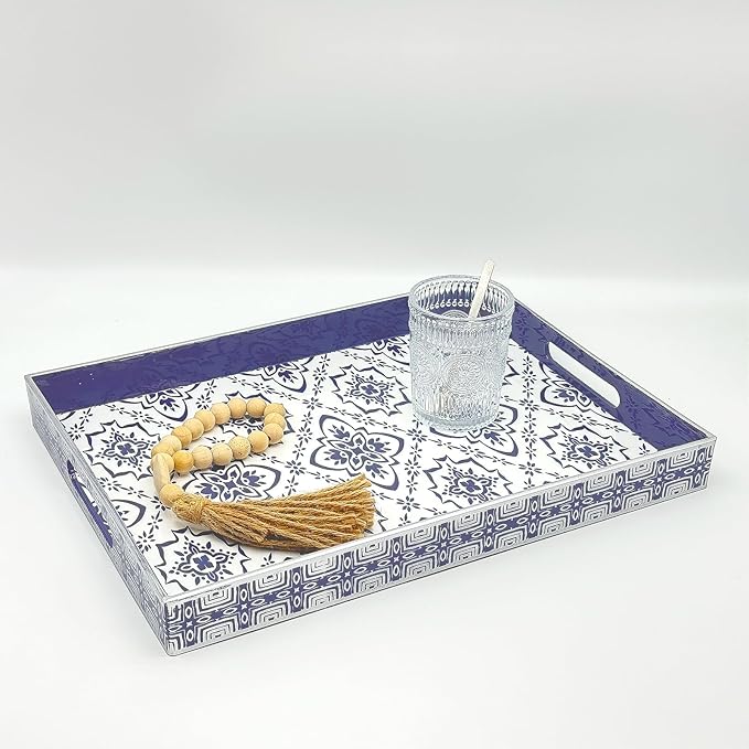 Serving Tray with Handles, 15.7 * 11.8 inches, Plastic Ottoman Tray with Exquisite Paintings, Trays for Coffee Table - Bloomnest