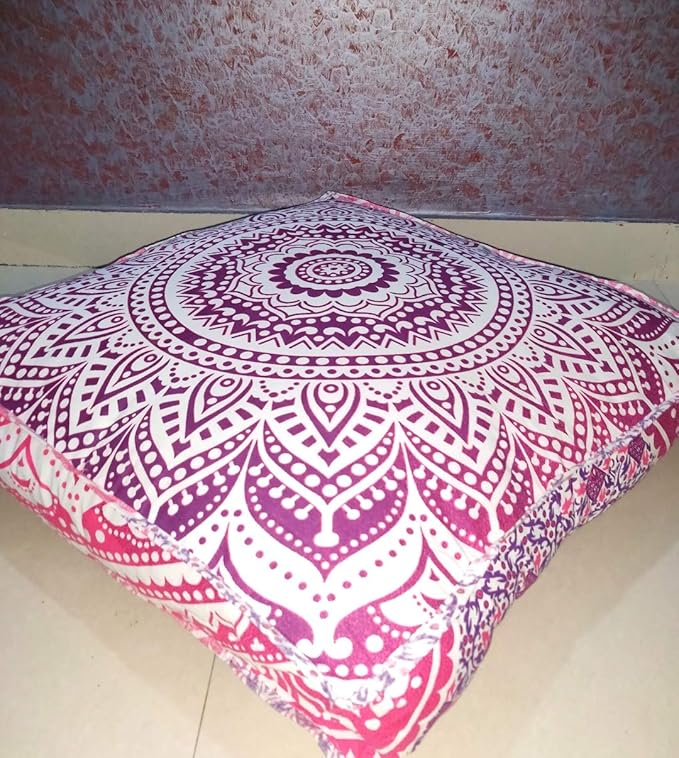 INDIAN CRAFT CASTLE 24" Pink Ombre Mandala Barmeri Large Floor Pillow Cover Cushion Meditation Seating Ottoman Throw Cover Hippie Decorative Zipped Bohemian Pouf Ottoman Pom Pom Cases 24" Square - Bloomnest
