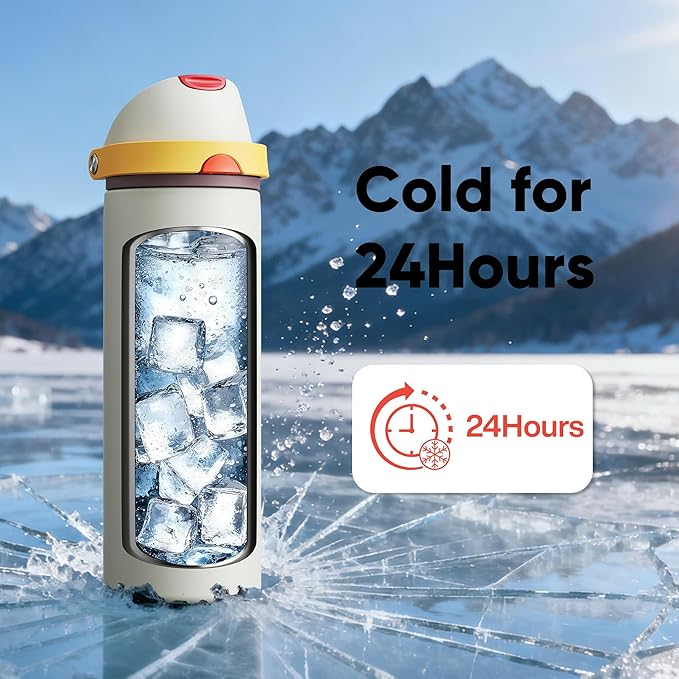 Insulated Water Bottle with Straw - Encool Stainless Steel Water Bottle with Push Button Lid, Leak-Proof & BPA-Free, Keeps Cold for 24 Hours for Sports, Travel, Gym (24 oz, Quill Grey-Red) ENCOOL