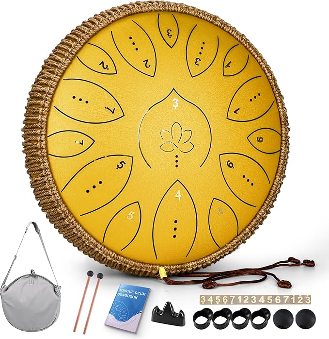 Steel Tongue Drum 13 Inches 15 Notes, Hand Pan Drums for Adults 440hz, C Major Handpan Musical Instrument with Song Book, Mallets and Carry Bag, Yellow - Bloomnest