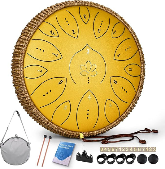 Steel Tongue Drum 13 Inches 15 Notes, Hand Pan Drums for Adults 440hz, C Major Handpan Musical Instrument with Song Book, Mallets and Carry Bag, Yellow - Bloomnest