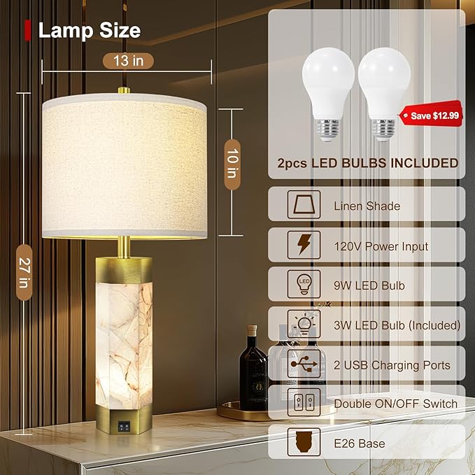 Natural Alabaster Table Lamps Set of 2,Table Lamp with Night Light for Living Room,Nightstand Lamp with USB Ports,Bedside Lamp with Linen Fabric Shade for Bedroom,Living Room,Office,Bar(Bulb Included) - Bloomnest