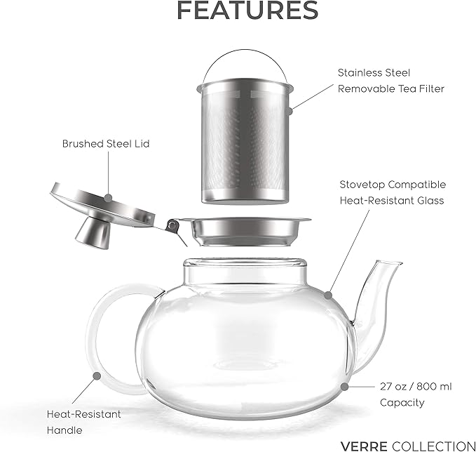 Glass Teapot Stovetop Compatible Kettle with Stainless Steel Removable Infuser, Loose Leaf Tea, Stovetop Safe Tea Pot and Strainer (27 Ounce) - Bloomnest