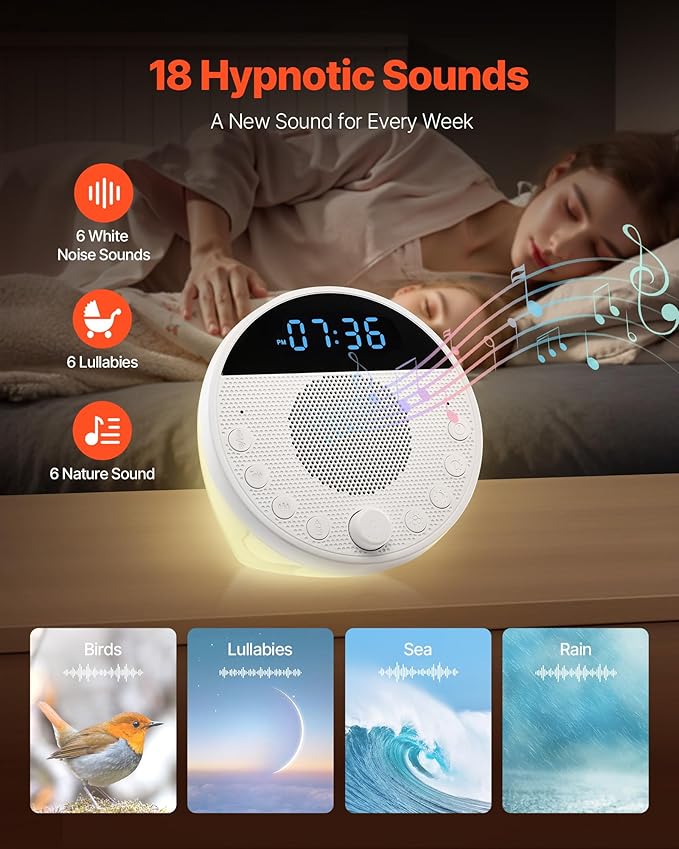 VEVOR Sound Machine, 18 Soothing Sleep Sounds and 7-Color Night Light, 5-in-1 White Noise Sound Machine with Dual Alarms, Auto-Off Timer and Memory Function, for Baby, Adults, Home, Office & Travel - Bloomnest