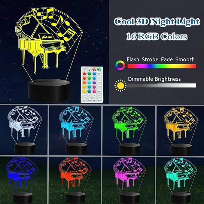 Piano Night Light, Music Piano Gifts, 3D Illusion Lamp with Remote Control, 16 RGB Colors, 4 Flashing Modes, Timer, Dimmable, Kids Music Room Decoration for Holiday Birthday Christmas - Bloomnest