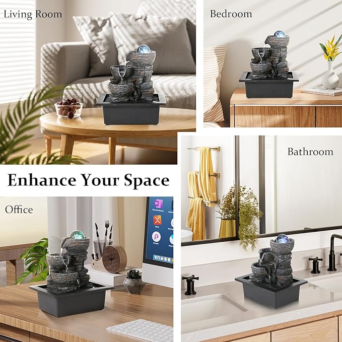 Crystal Ball Tabletop Water Fountain with LED Lights - 3-Tier Indoor Waterfall Feature for Relaxation, Natural Humidifier for Home and Office Decor, 10''X9''X6.9