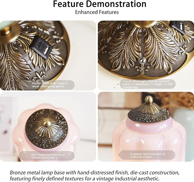 Vintage Purple Glass Touch Table Lamp, Elegant MilK Glass Bedside Desk Lamp 3 Way Dimmable with USB C+A Charging Ports - Bedroom Nightstand & Living Room Essential, 4W Bulb Included (Purple, 6.5) - Bloomnest