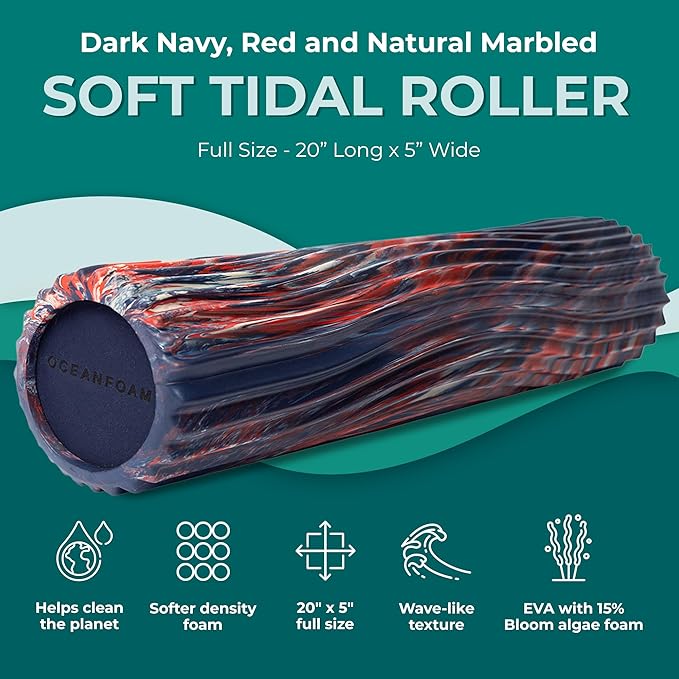 Oceanfoam Soft Tidal Roller (Dark Navy, Red and Natural Marbled) - Low Density Foam Roller for Physical Therapy, Back Pain, Exercise & Stretching - Wave Textured - Yoga, Wellness - Full Size, 20" x 5" - Bloomnest