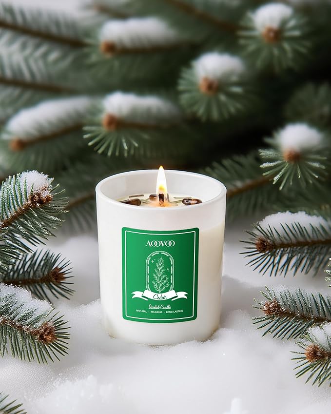 AOOVOO Winter Candles Set for Women - 4 Pack Candles for Home Scented, Aromatherapy Candle with Crystals, 28 oz 200 Hour Long Lasting Candle, Winter Fragrance of Cedar, Fir, Hot Cocoa, Vanilla Cake - Bloomnest
