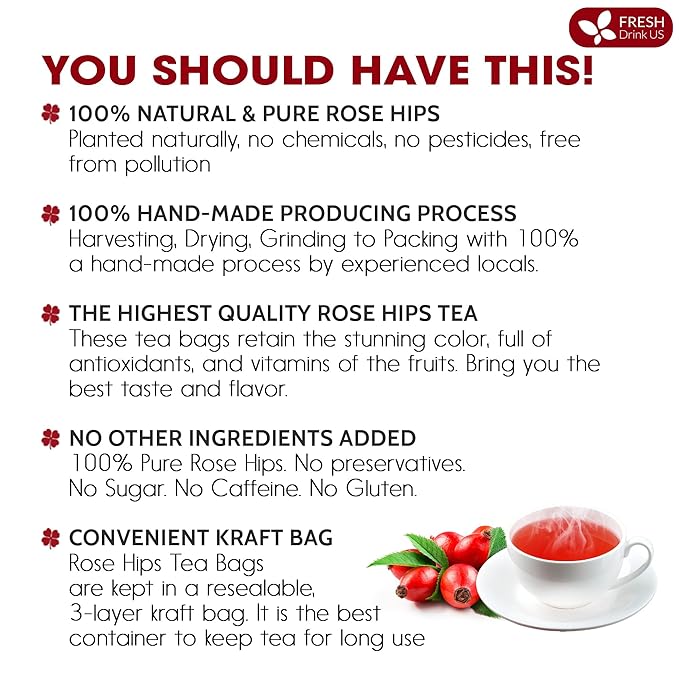 FreshDrinkUS, Premium 135 Rosehip Tea Bags, 100% Natural & Pure from Rose Hip Fruits. Loose Rosehip Herbal Tea. Made with Natural Material Tea Bags. No Sugar, No Caffeine, No Gluten, Vegan. - Bloomnest