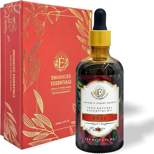Luxurious Rose Essential Oil by Enhanced Essentials| Slow Distilled & Exotic| for Home,Diffusers,Skin & Hair Care,Aromatherapy,Bath,Perfume,Soap & Candle Making|with Glass Dropper| 3.38 Fl oz (100 ml)