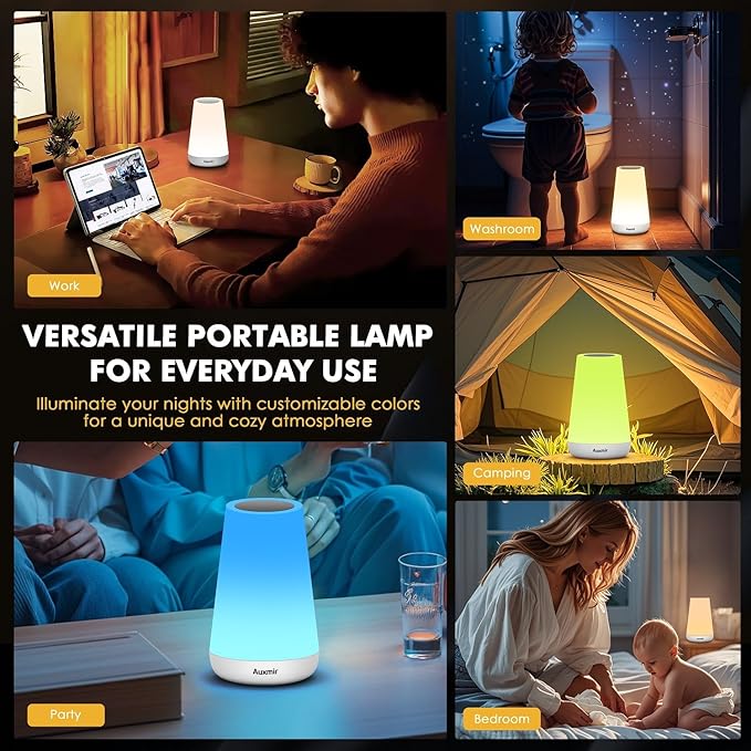 Auxmir Night Light, Dimmable Touch Lamp for Bedroom, Portable Rechargeable Bedside Table Lamp for Baby Nursery, 13 RGB Colors & 5 Brightness, Night Lights for Bedroom Living Room Bathroom Hallways - Bloomnest