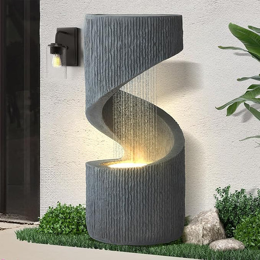 31.9" Outdoor Garden Water Fountain, S-Shaped Cascading Fountains and Waterfalls with LED Lights & Splash-Proof Net, Indoor/Outdoor Floor Standing Water Feature for Patio, Backyard, Home Decor - Bloomnest