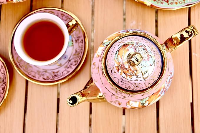 20 Pieces Porcelain Tea Set With Metal Holder, European Ceramic tea set for adults,Flower Tea Set,Tea Set For Women With Flower Painting (Large version, yellow) - Bloomnest