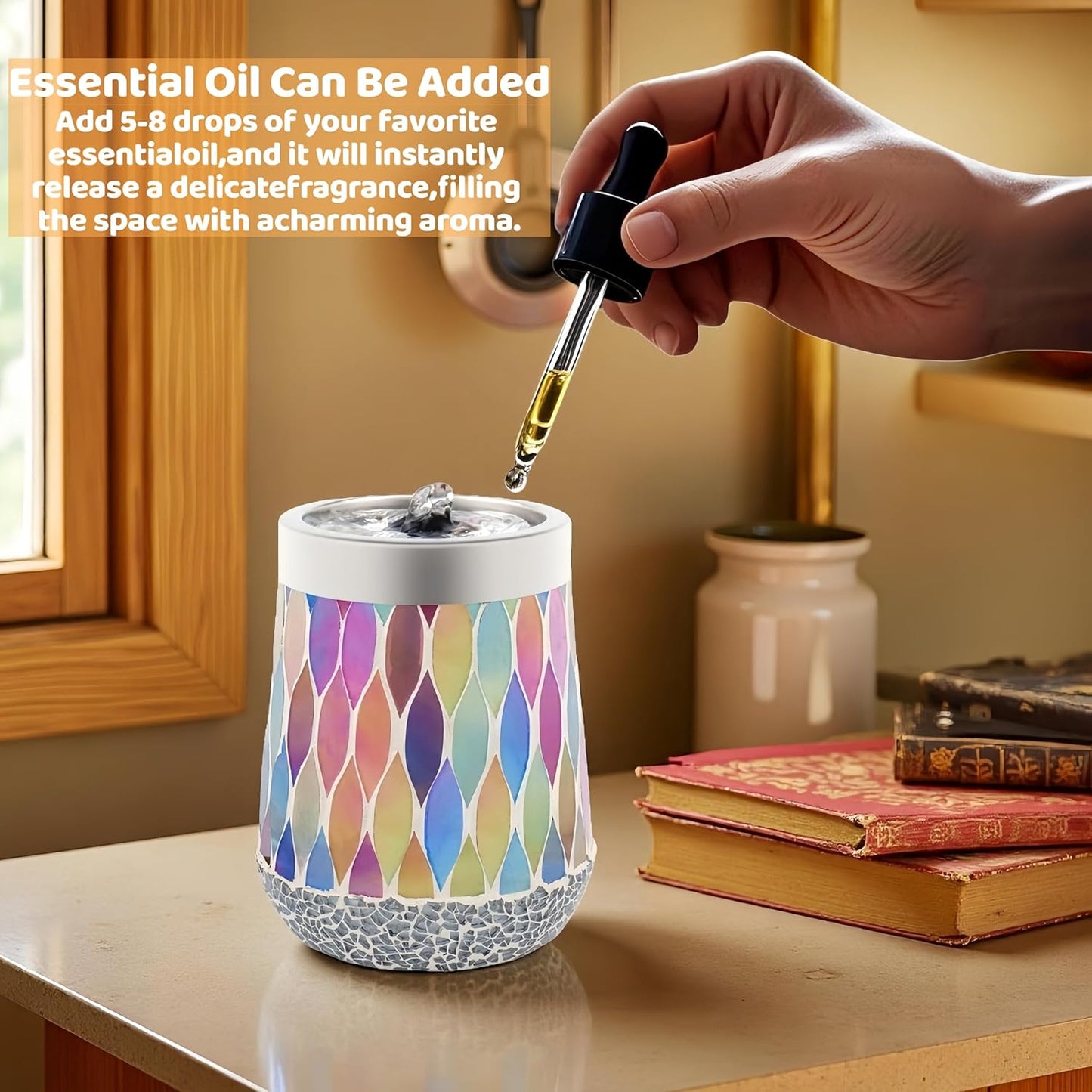 VOREEN Mosaic Tabletop Water Fountain, 20OZ Stress Relief Aromatherapy & LED Color Therapy Ultra Quiet, Indoor Zen Relaxation for Office，Essential Oil Diffuser for Office, Home, Yoga, Relaxation