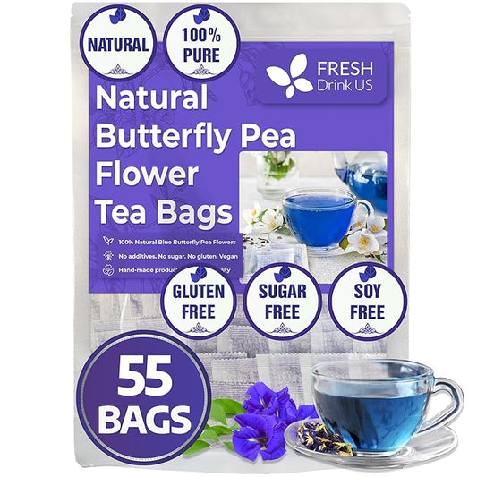FRESHDRINKUS Premium 55 Butterfly Pea Flowers Tea Bags,100% Pure, Organic, Non GMO, Made With Organic Bags, Sugar/ Caffeine/ Gluten Free, Wildcrafted, Vegan, Handmade Product - Bloomnest