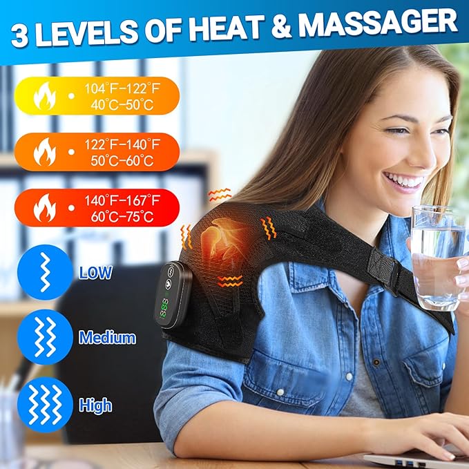 YUANBO Cordless Heated Shoulder Massager Wrap - 3 Heat & Vibration Modes, Support for All Genders, Portable Shoulder Relaxation, Black
