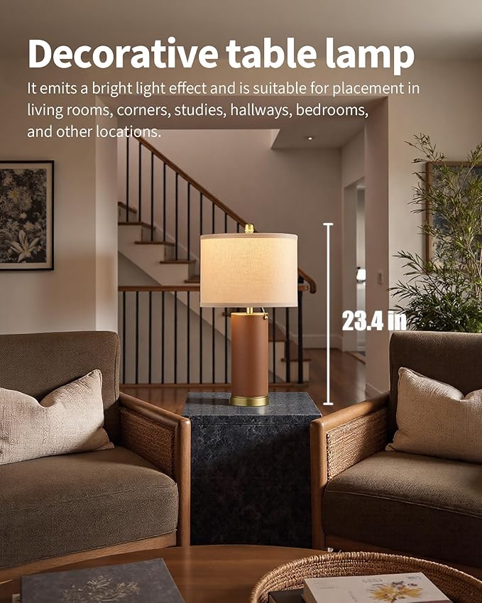 KDG 23.4" Brown PU Leather Table Lamps for Living Room Set of 2, 3 Level Brightness LED Modern Home Decor Fabric Lampshade Desk Lamp Lighitng for Bedroom, Bedside, Farmhouse, Nightstand, Night Light - Bloomnest