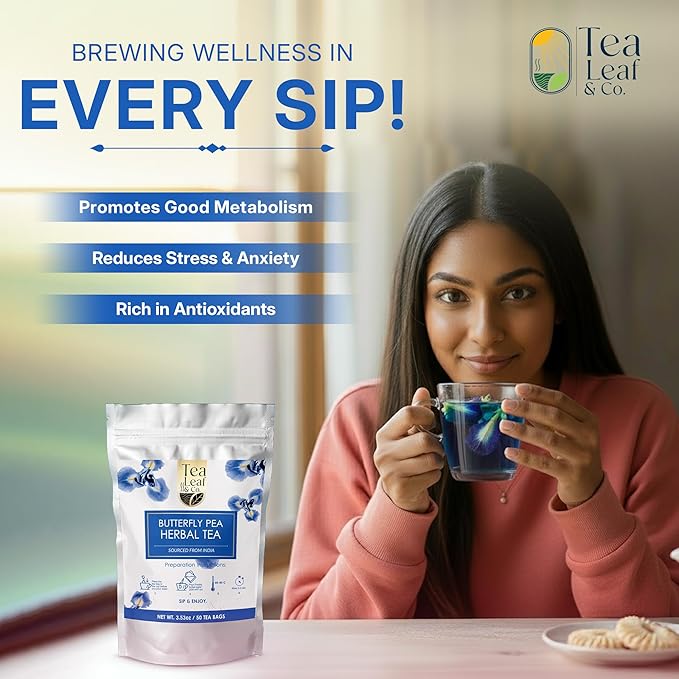Tealeaf & Co. Butterfly Pea Herbal Tea Bags Blended with Fresh Herbs - Herbal Tea with Butterfly Pea Flower - Contains Low Caffeine - Gluten Free - 50Teabags (3.52oz/100gm) - Bloomnest
