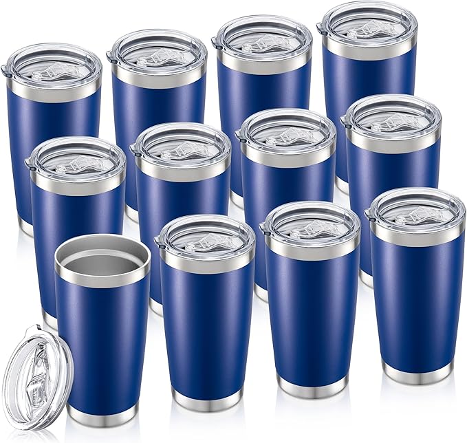 20 oz Tumbler Bulk with Lid Stainless Steel Insulated Tumblers Double Wall Vacuum Coffee Mug Powder Coated Tumbler Cups for Cold and Hot Drinks, Blue, 12 pack