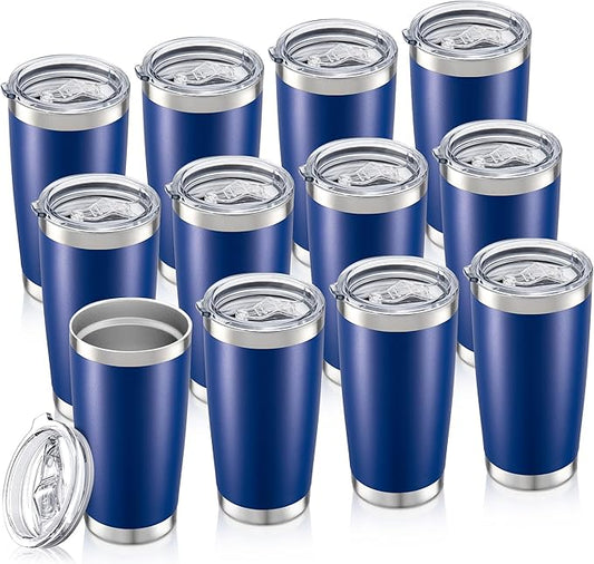 20 oz Tumbler Bulk with Lid Stainless Steel Insulated Tumblers Double Wall Vacuum Coffee Mug Powder Coated Tumbler Cups for Cold and Hot Drinks, Blue, 12 pack