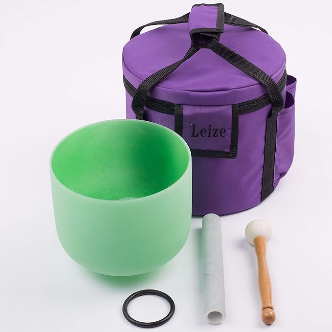 Leize Quartz Crystal Singing Bowl F Note 432 hz Heart Chakra Green 10" with Heavy Duty Carrying Case Suede Striker