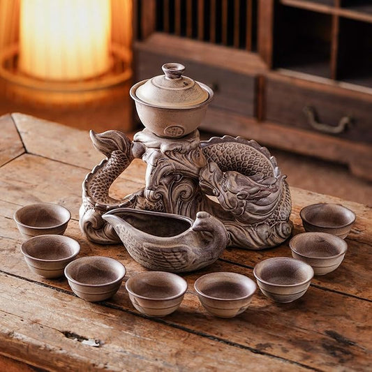 Semi Automatic Tea Set Ceramic Teapot with Infuser Magic Teapot with 8 cups (Retro Dragon-D) - Bloomnest