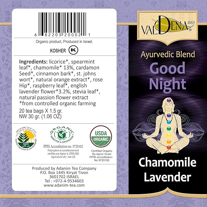 Valdena Bio Ayurvedic Lavender Chamomile Herbal Tea 20 Individually Wrapped Tea Bags (Pack of 3) Organic Caffeine Free Lavender Chamomile Blend USDA Organic Tea Calming Relaxing Sleep Support Herbal Infusion - Bloomnest