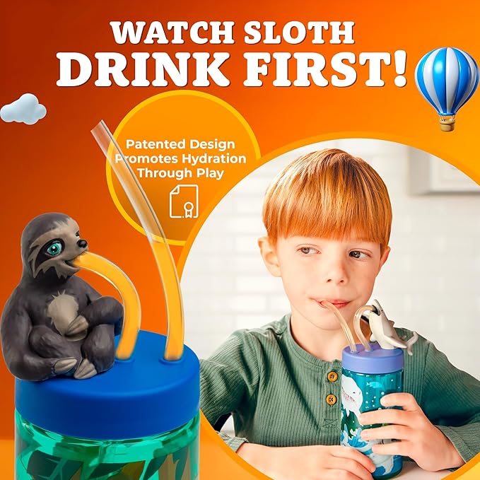 Kids Water Bottle, Toddler Cups, Tumbler with Lid and Straw, Travel Sippy Cup for Water or Milk, Kids Cups with Lids for Toddlers 3 and Up, BPA Free Plastic, 12 oz (Trend Zoo Sloth) - Bloomnest