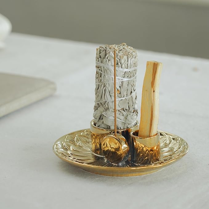 4 in 1 Incense Holder, Ceramic Incense Stick and Palo Santo Holder,Sage Holder for Burning- 5.5" Ceramic Ash Catcher Tray for Meditation and Yoga Room (Golden) - Bloomnest