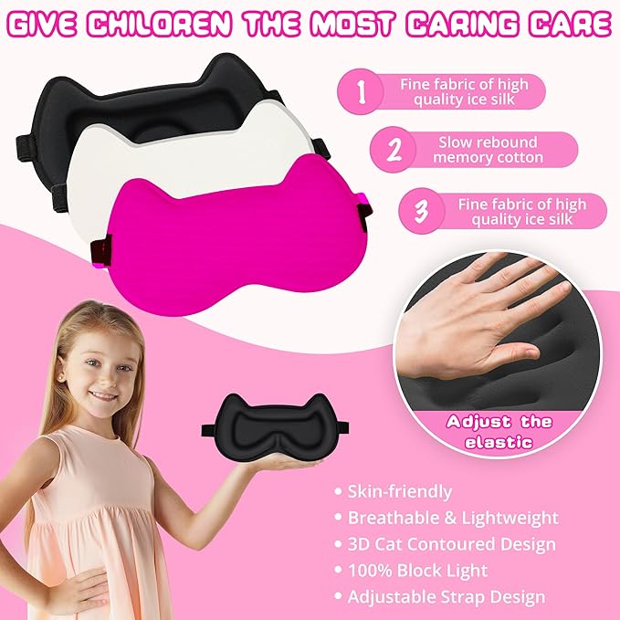 Kids Sleep Mask Eye Mask: 3D Contoured Cup Sleeping Masks, Blindfold with Adjustable Strap, Kids Eye Cover for Boys, Girls, Teens, Pressure-Free with Memory Foam Face Mask for Sleeping (Rose Red) - Bloomnest