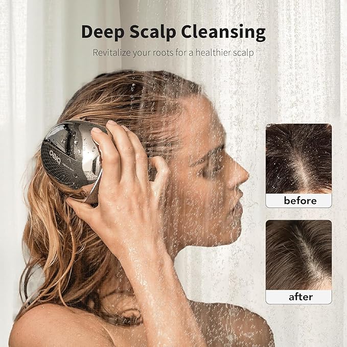 Breo Portable Mini Scalp Massager – IPX7 Waterproof Rechargeable Head Massager for Scalp Relax, Stress Relief Tool with Bamboo Wood Charging Base, Removable Massage Nodes (Silver with Base) breo