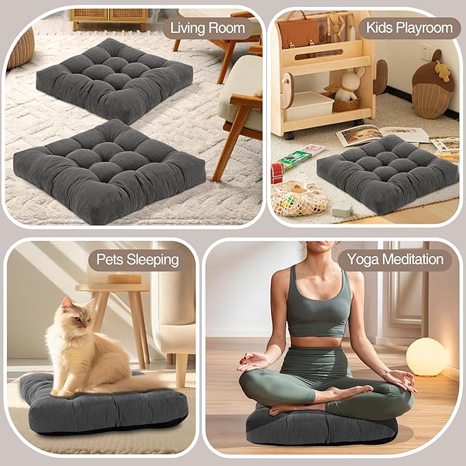Floor Cushions for Adults Floor Pillows for Sitting Large Square Tufted Meditation Pillows Memory Foam 2 Pcs, 22" x 22", Dark Brown - Bloomnest