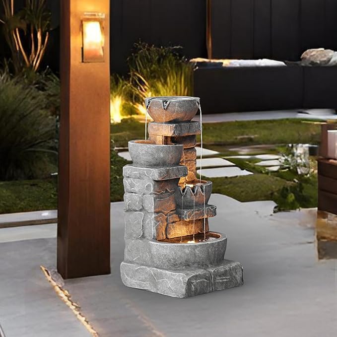 Teamson Home 33.25 in. Cascading Bowls and Stacked Stones LED Outdoor Water Fountain for Gardens, Landscaping, Patios, Balconies, and Lawns for a Calming Oasis in Outdoor Living Spaces, Stone Gray - Bloomnest