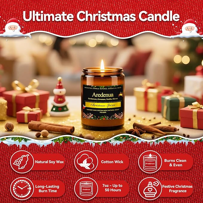 Christmas Candles - Christmas Spice Candle | 7 oz Soy Candles with Warm Cinnamon, Clove & Nutmeg Aroma | Holiday Scented Candle, Cozy Winter Candle Gift for Men & Women - Bloomnest