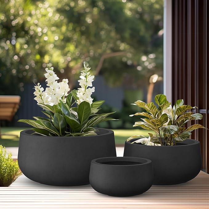 Kante 19.6",15.7",11.8" Dia Round Concrete Planters Set of 3, Outdoor Indoor Garden Plant Pots with Drainage Hole and Rubber Plug, Modern Curvaceous Design, Black - Bloomnest