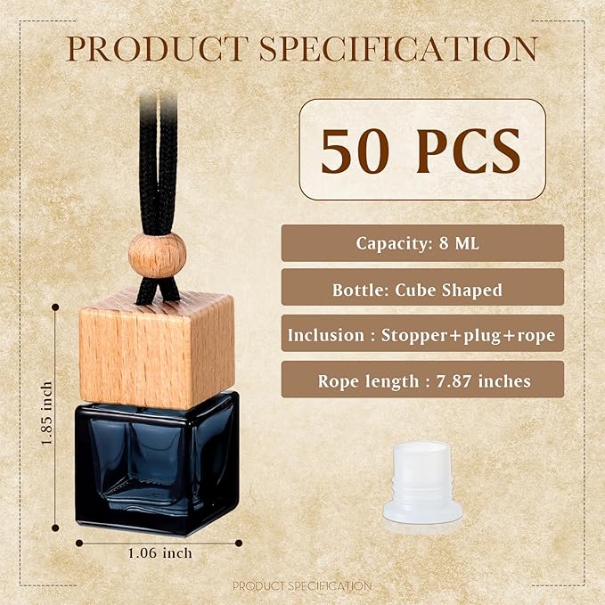 BBTO 50 Pcs Hanging Car Air Freshener Car Diffuser Bottles Empty Glass Perfume Bottle Freshener Diffuser Bottle Pendant for Essential Oil Fragrance Aromatherapy Bottle Ornament (Black,Cube) - Bloomnest