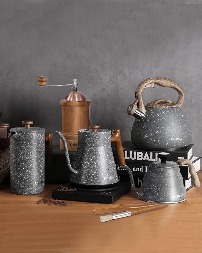 POLIVIAR Tea Kettle, 2.7 Quart Natural Stone Finish with Wood Pattern Handle Loud Whistle Food Grade Stainless Steel Teapot, Anti-Hot Handle and Anti-Rust, Suitable for All Heat Sources (JX2018-GR20) - Bloomnest