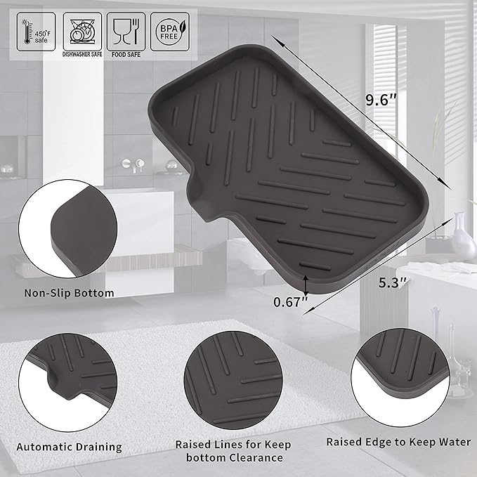 Silicone Bathroom Soap Dishes with Drain Spout-Bathroom and Kitchen Sink Organizer,Sponge Holder,Dish Soap Tray,Perfect for Dispenser,Scrubber,Bottle,Cup on Sink or Counter-Coffee 9.6"×5.3" - Bloomnest