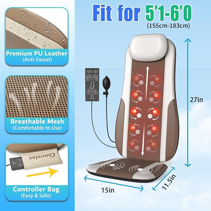 Shiatsu Back Massager with Heat, Massage Chair Pad with Deep Tissue Kneading, Seat Massager for Back Pain Relief, Vibration Cushion with Smart Timer, Home Office Travel Use, Gift for Men Women Mom Dad - Bloomnest