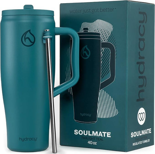 Hydracy Soulmate 40 oz Tumbler with Handle and Flip Straw - 100% Leakproof Reusable Insulated Cup with Stainless Steel Straw - Cupholder Friendly Rubber Base Travel Mug - Twilight Teal - Bloomnest