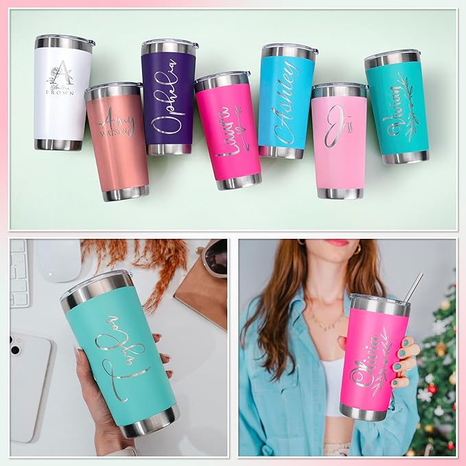 Personalized Tumbler with Engraved Name - 12 Designs, 20 Oz Coffee Tumbler with Slider Lid, White, Double Wall Insulated - Custom Gifts for Women - Bloomnest