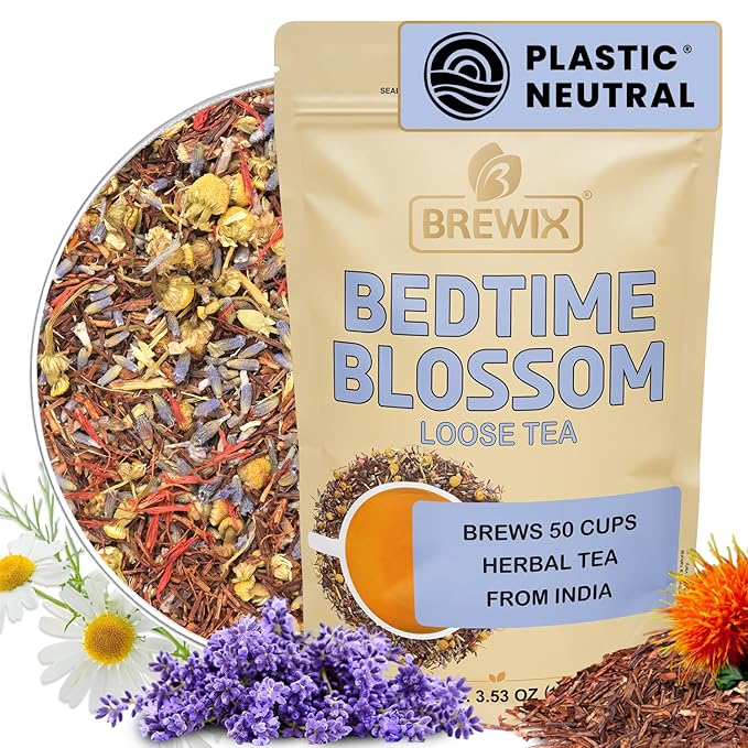 BREWIX, Bedtime Blossom Calming Tea For Sleep (50+ Cups) Herbal All Natural | Supports a Good Night’s Sleep | Night Time, Caffeine Free with Rooibos, Safflower, Chamomile and Lavender | Perfect for Bedtime | Relaxing Natural Nighty Night Sleeping Tea - Bloomnest