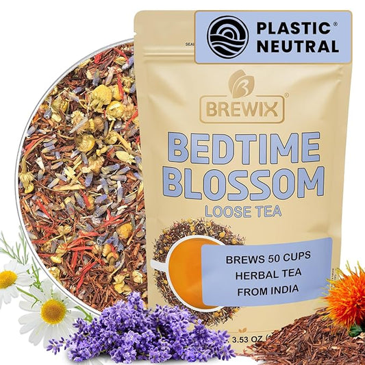 BREWIX, Bedtime Blossom Calming Tea For Sleep (50+ Cups) Herbal All Natural | Supports a Good Night’s Sleep | Night Time, Caffeine Free with Rooibos, Safflower, Chamomile and Lavender | Perfect for Bedtime | Relaxing Natural Nighty Night Sleeping Tea - Bloomnest