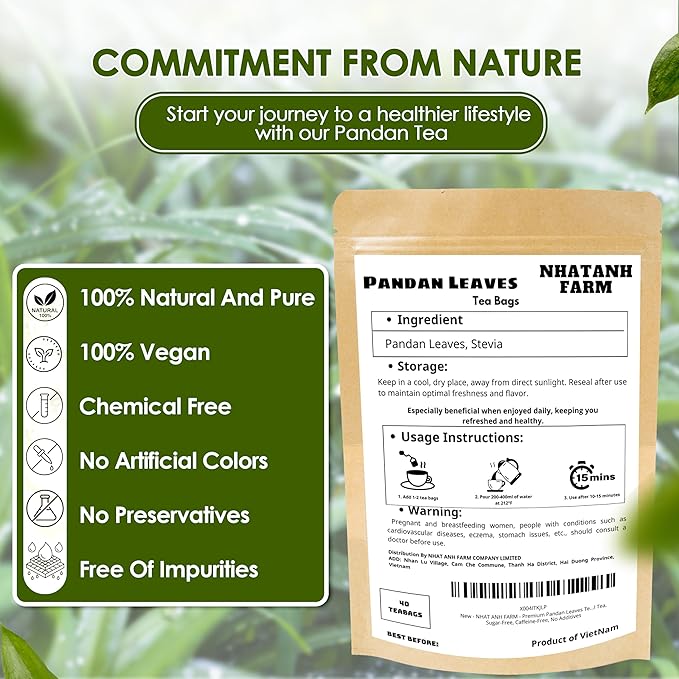 NHAT ANH FARM - Premium Pandan Leaves Tea Bags, 40 Pandan Leaves Tea Bags, 100% Natural Dried Pandan Leaves, Naturally Sweet Herbal Tea, Sugar-Free, Caffeine-Free, No Additives - Bloomnest